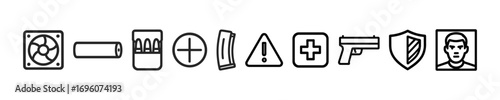 Weapons and ammunition vector outline icon set