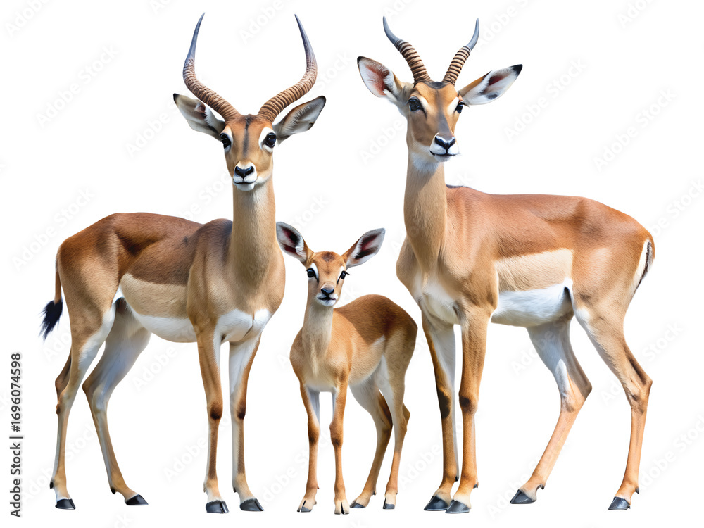 Obraz premium A family of impalas isolated on transparent background, including a male with long horns, a female, and a baby, standing together in a group