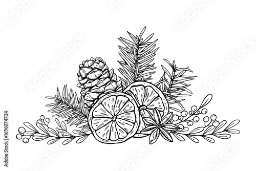 Christmas decoration vector isolated illustration. Dried orange slice, star anise, berry plant, spruce branch, pinecone outline engraving line art. Winter graphic sketch for Xmas packaging, invitation