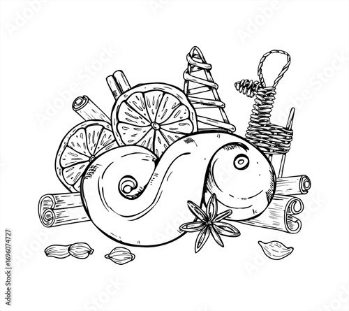 New Year ingredients and decor for bakery, mulled wine in Scandinavian style vector outline illustration. Swedish saffron bun, dried orange slices, cinnamon, cardamom, wicker reindeer graphic sketch
