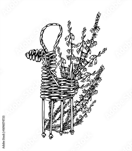 Wicker reindeer figurine among blooming heather branches black and white vector illustration. Scandinavian Yule traditions. Xmas deer, wooden animal and evergreen plant monochrome etching drawing