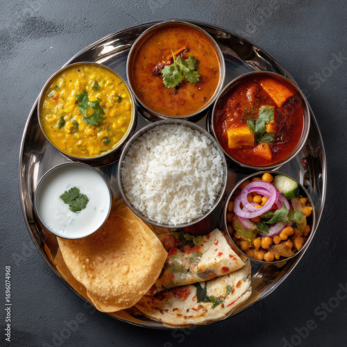 Traditional North Indian Vegetarian Thali Overhead Photo