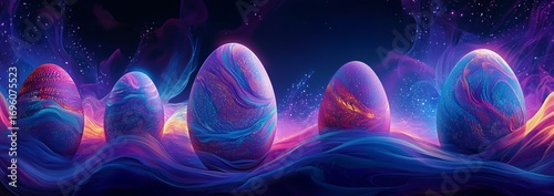 Colorful Glowing Eggs on a Surreal Background Illuminated by Vibrant Light at...