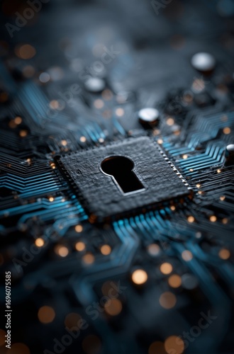 Digital Security Lock on Circuit Board With Glowing Elements in a High-Tech E...