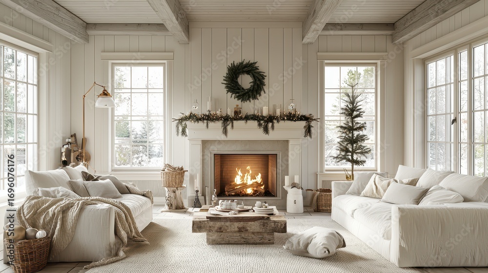 Fototapeta premium Cozy Rustic Living Room Decorated for Winter Season with Fireplace