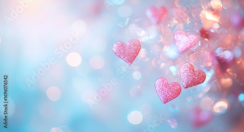 Soft Pastel Hearts Floating in a Dreamy Blue Background During a Romantic Eve...