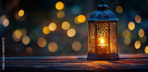 Lantern Casting Warm Glow Amid Twinkling Lights During Evening Gathering in a...