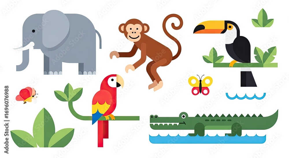 Obraz premium Flat vector illustration set of tropical animals including elephant, monkey, toucan, parrot, crocodile, butterfly, minimal clean design, colorful, stock illustration style.