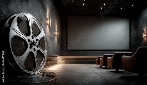 Modern Cinema Room Featuring Large Film Reel and Minimalistic Furniture for a...