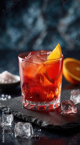 Red cocktail on dark slate