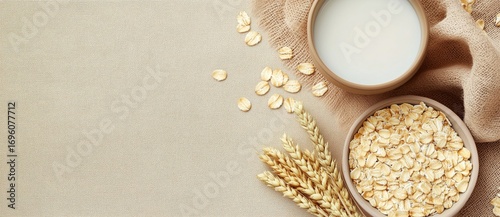 Oatmeal Preparation With Oats and Milk on a Textured Cloth Backdrop