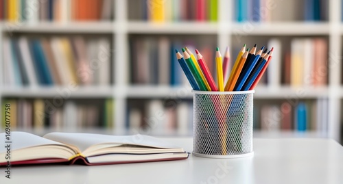 Colorful Pencils and an Open Book on a Table in a Bright Library Setting With...
