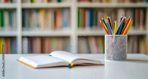 Colorful Pencils and an Open Book on a Table in a Bright Library Setting With...