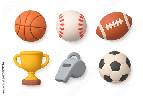 Sports stickers – 3D soft sticker set 6‑pack transparent PNG; basketball, baseball, football, soccer ball, gold trophy, whistle; brand‑free sports icons for apps, web, social media, presentations, tem