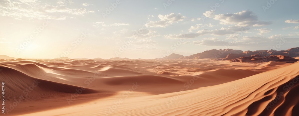 Naklejka premium Beautiful Sunset Over Vast Desert Dunes With Soft Golden Light and Distant Mountains