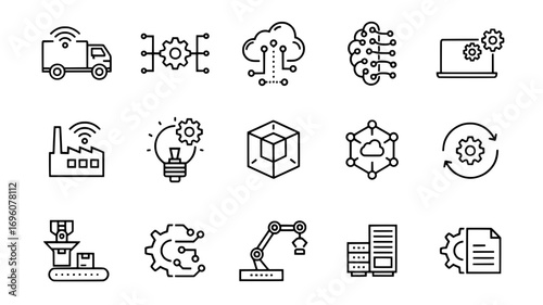 Industrial automation line icons set including factory, robot arm, conveyor, production, AI technology, logistics, machine system, engineering vector illustration