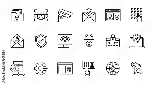 Data security line icons set secure email, lock, surveillance camera, cloud shield, ID check, encryption, global safety, protection system vector illustration