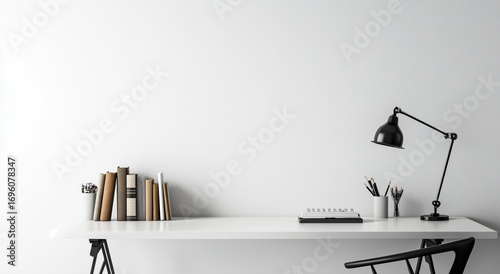 Modern Workspace With Minimalistic Desk, Lamp, and Books in Bright Setting fo...