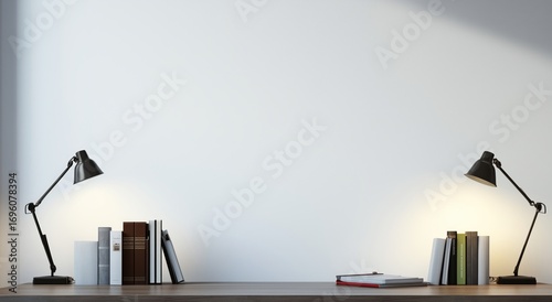 Modern Workspace With Lamps, Books, and Laptop on a Minimal Desk in a Bright ...