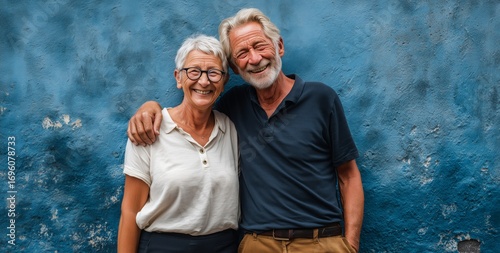 Joyful Elderly Couple Enjoy Sunny Day by Vibrant Blue Wall in Outdoor Setting