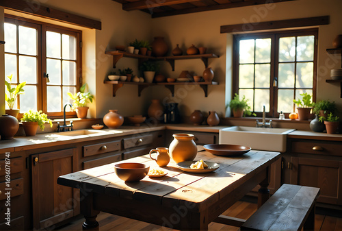 modern kitchen interior with fireplace