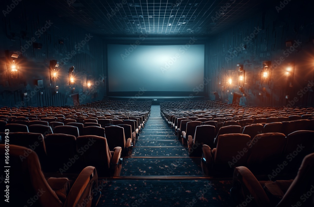 Fototapeta premium Empty Theater With Dim Lighting and a Large Projection Screen Ready for the Next Show.