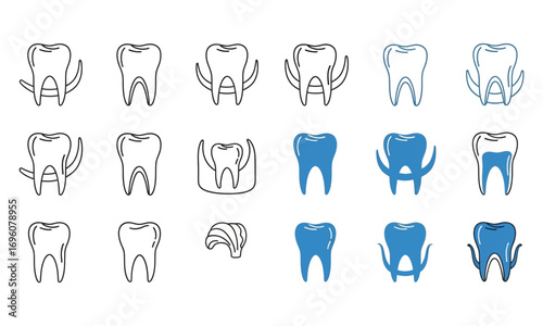 Dental care icons for healthy teeth and oral hygiene, showing various dental treatments and anatomical tooth designs on a clean white background