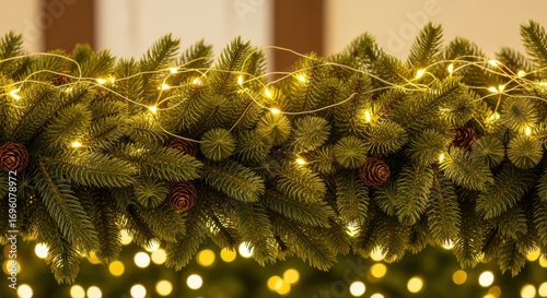 Closeup of a festive christmas garland with warm twinkling lights