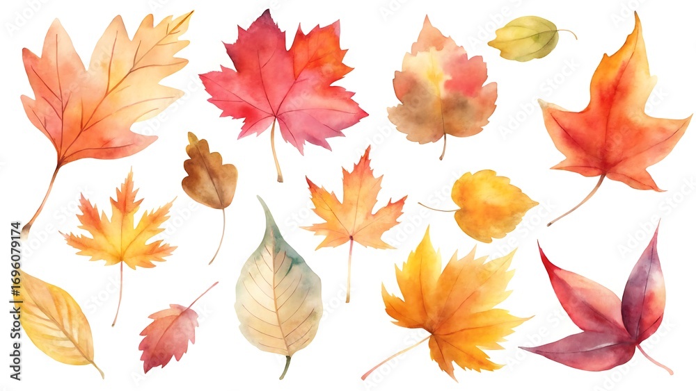 Obraz premium Collection of autumn leaves in vibrant watercolor style, isolated on white background