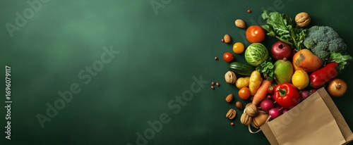Fresh Produce in a Paper Bag Against a Textured Green Background.