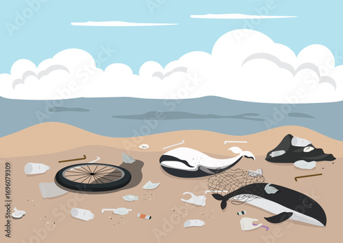 a family whale carcass stranded on beach with fishing net waste and plastic pollution around background