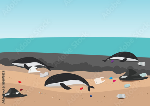 stranded Whales on the beach cause by marine garbage and pollution on background