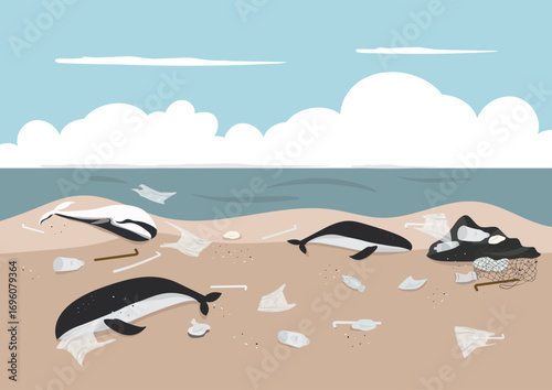 stranded Whales on the beach cause by marine garbage and pollution on background