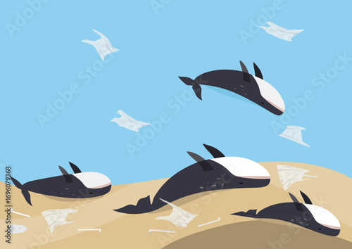 whales carcass with waste and plastic pollution around background