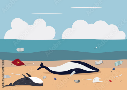 stranded Whales on the beach cause by marine garbage and pollution on background