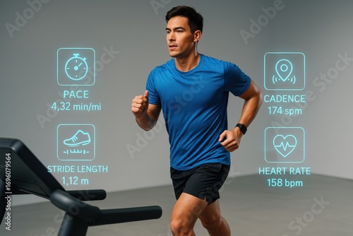 a man in blue shirt running on a treadmill, showcasing fitness tracking information