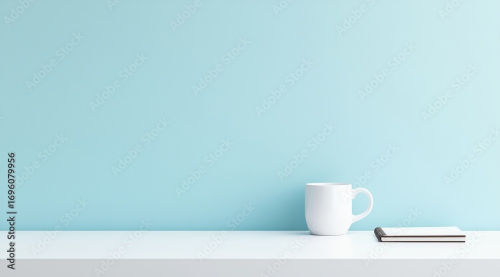 Obraz premium Clean and Simple Workspace With a White Mug and a Notebook on a Pastel Blue Background.