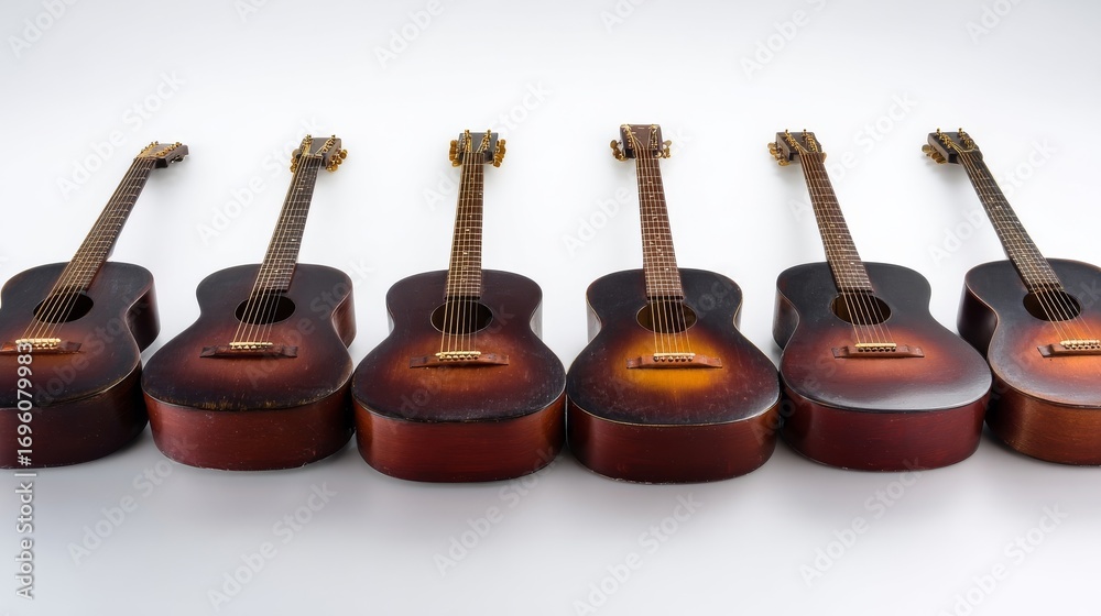 Fototapeta premium Six glossy reddish-brown acoustic guitars aligned in a row against a white background,