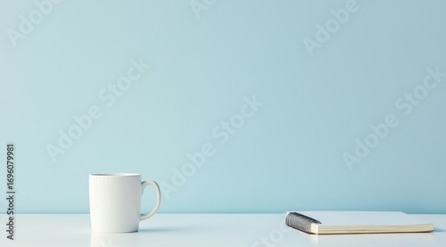 Calm Workspace With White Mug and Open Notebook on Light Blue Background