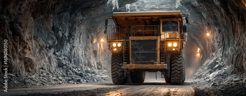 Massive Dump Truck Traverses Dark Tunnel in Underground Mine During Evening Hours.