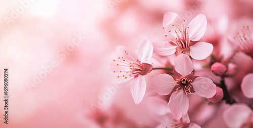 Beautiful Cherry Blossoms Bloom in Spring Against a Soft Pink Background in a...