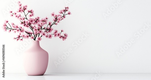 Elegant Pink Vase With Blooming Branches of Delicate Flowers on a Neutral Bac...