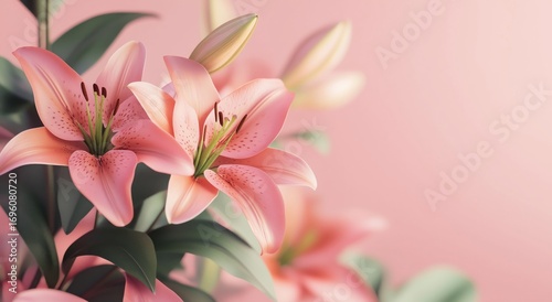 Beautiful Pink Lilies Arranged Against a Soft Pastel Pink Background for a Fr...