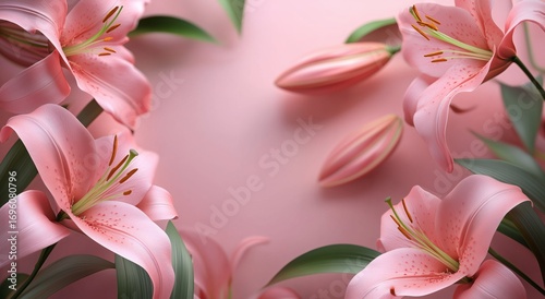 Pink Lilies Arranged Artistically on a Soft Pink Background for a Floral Display