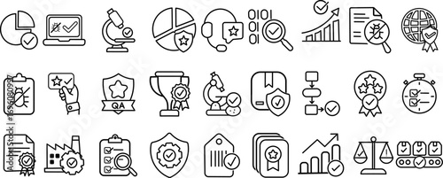 Quality Assurance Stroke Icon Collection. Containing Certification, Audit, Testing, Standards, and More Icons.
