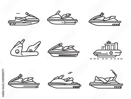 Jet ski line art icons set