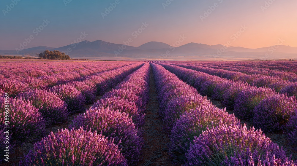 Obraz premium Rows of purple flowers stretch to meet distant mountains under a serene sky. A tranquil landscape of nature's beauty.