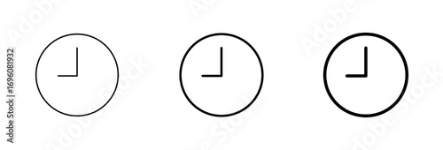 Vector art of three clock icons showing the time simple line drawing of a clock face with hour and minute hands indicating the time