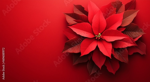 Poinsettia Blooms With Vibrant Red Leaves Against a Solid Red Background