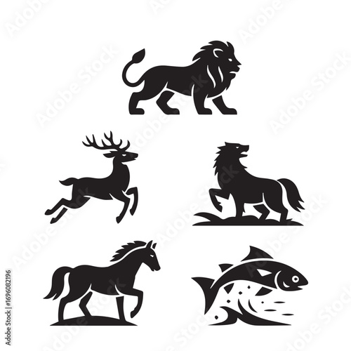A collection of running horses, black and white silhouettes, and wild animals vector illustration